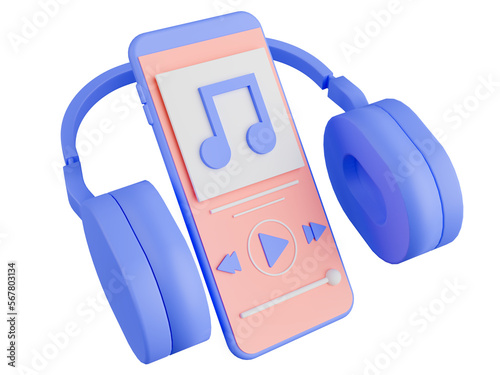 3d render concept music player application on smartphone. Mobile phone with purple headphone.
