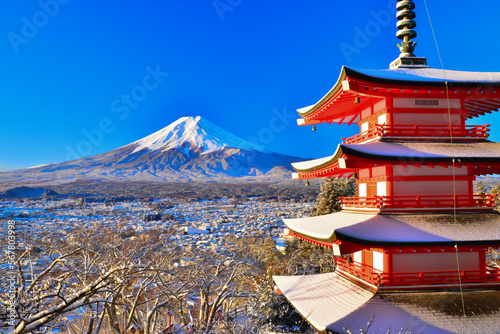 新倉山浅間公園から富士山と雪景色