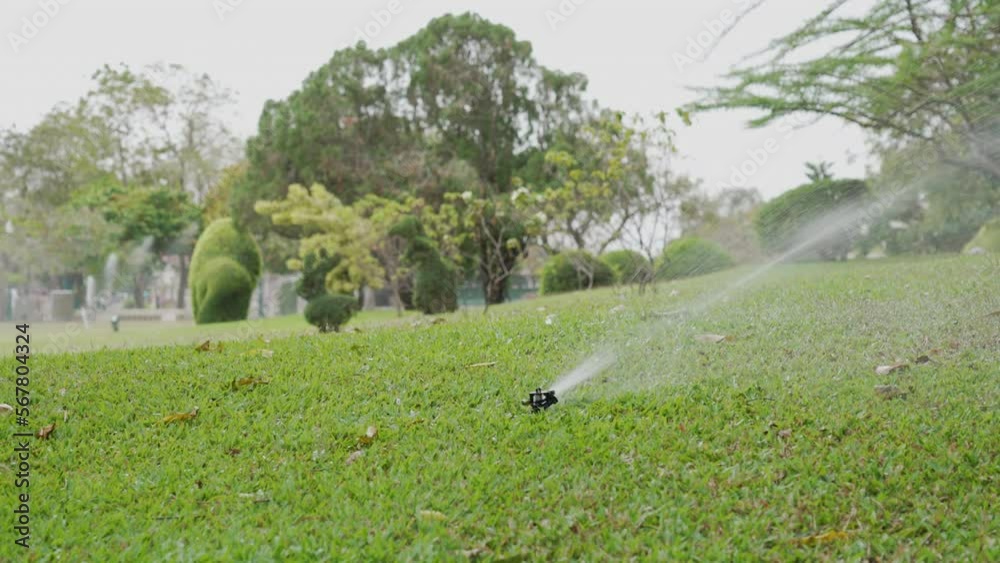 Sprinkler Irrigate Water to Green Lawn in Park Sprinkler Irrigate Water to Green Lawn in Park