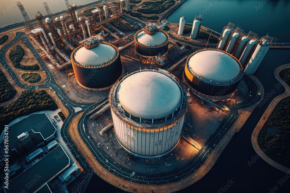 Aerial top view of factory station, oil fuel storage tank, petroleum refinery, manufactory, industrial process plant oil refinery for energy with Generative AI. Aerial top view of factory station, oil fuel storage tank, petroleum refinery, manufactory, industrial process plant oil refinery for energy with Generative AI.