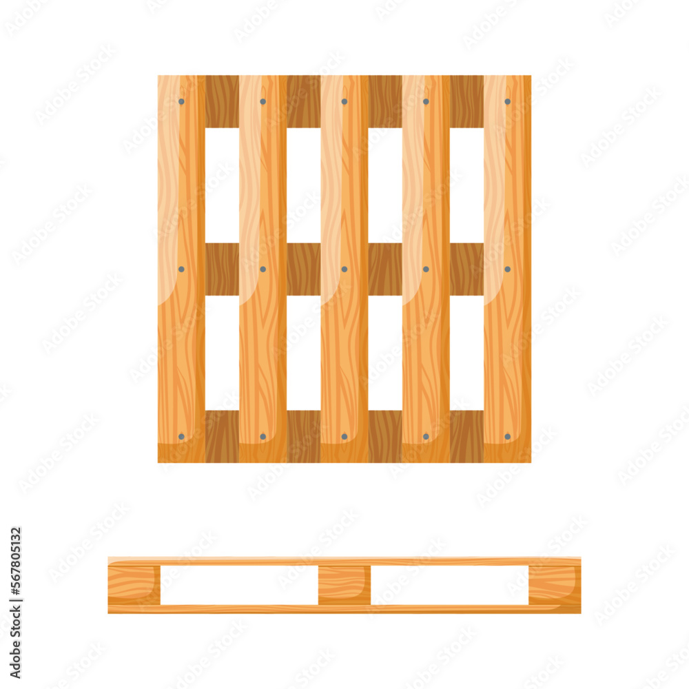 Wooden pallet icon set. Warehouse goods and cargo transportation sign in different angles. Cartoon cargo wood pallets and parcels collection. Platforms for freight transportation. Vector illustration