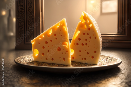 Delicate cheese display on a small plate, AI generated photo