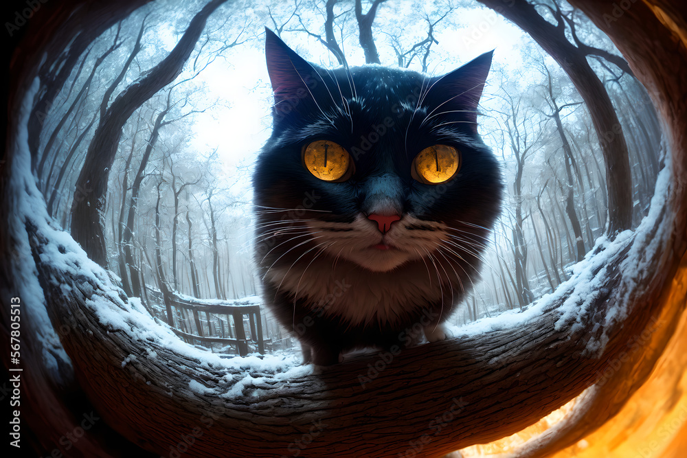 Curious cat looking at the camera in a tree hollow, fisheye portrait ...