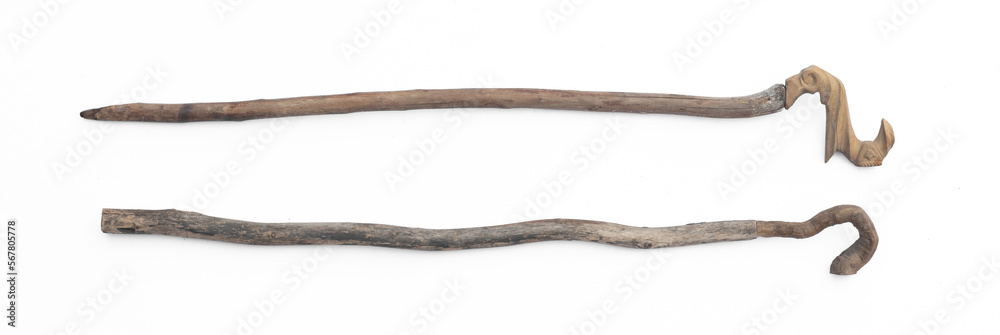 Obraz premium ancient wooden staff shepherd isolated on white background