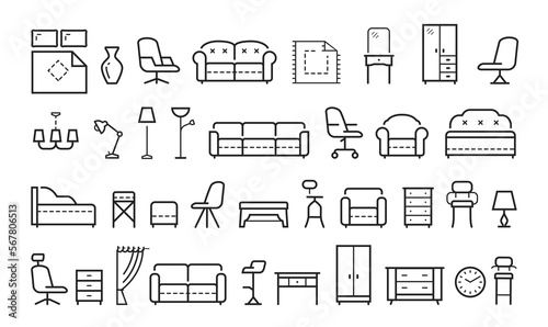 Furniture concept. Set of interior design and home decoration related line icons. Outline icon collection