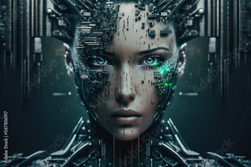 fictional person from the back  representing artificial intelligence inside a room full of green codes and computer components generated by IA 