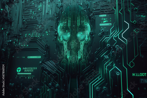 fictional person, representing artificial intelligence in the shape of a scary face resembling a skull, with green letters of programming code mixing his face, generated by AI