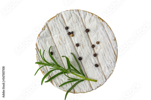 Fresh camembert cheese with sliced camembert isolated. Top view  photo