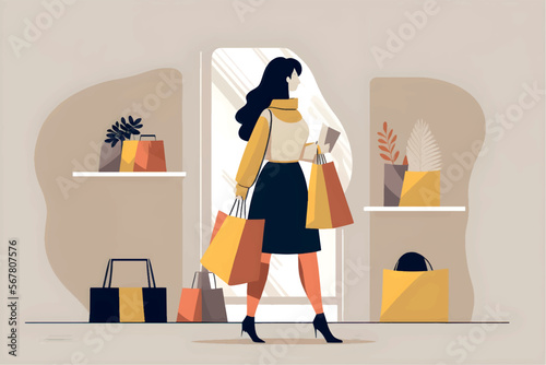 beautiful girl doing shopping, minimalist vector illustration, flat design