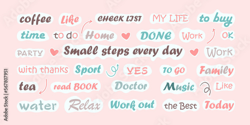 Set of sticker words for planner journal diary school notebook scrapbook and weekly calendar. Vector illustration.