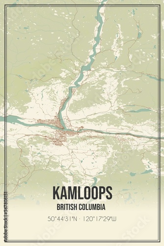 Retro Canadian map of Kamloops, British Columbia. Vintage street map. photo