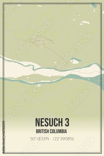 Retro Canadian map of Nesuch 3, British Columbia. Vintage street map.