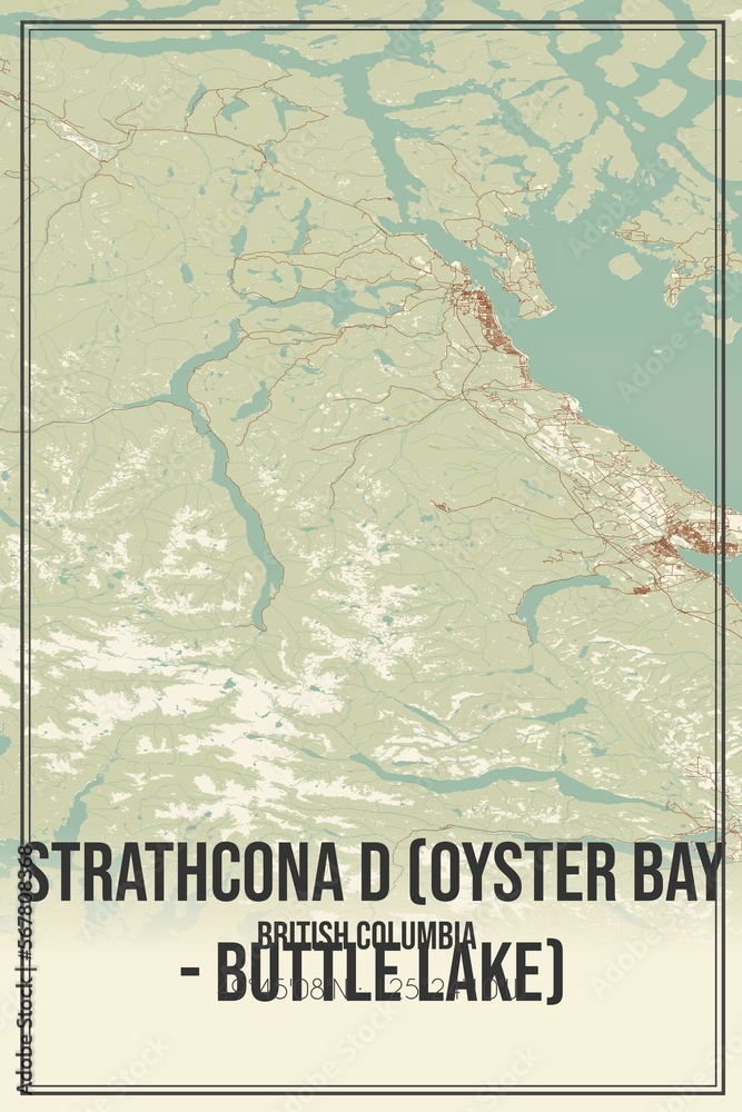 Retro Canadian map of Strathcona D (Oyster Bay - Buttle Lake), British Columbia. Vintage street map.