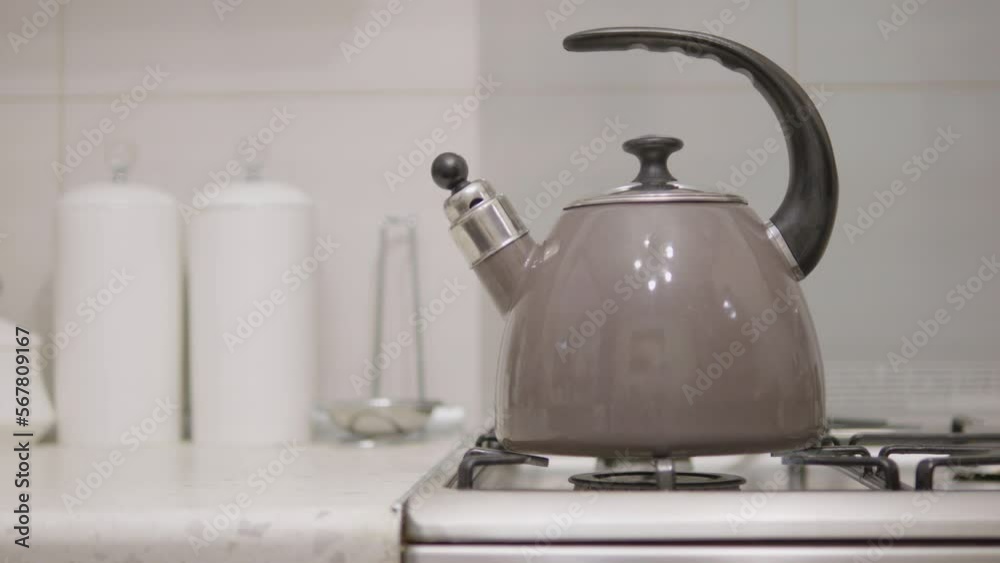 Boiling a water in a kettle in the kitchen. Steam from a whistle