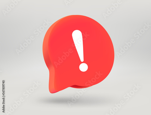 Red speech bubble with exclamation mark. 3d vector illustration