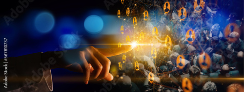 Businesswoman hand pointing customer retention network and acquiring new customers and partnership for business growth and expansion globally for perfect business.