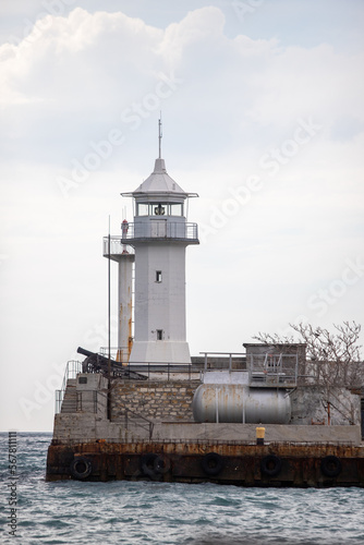 Landscape seashore, sea pier in clear weather.