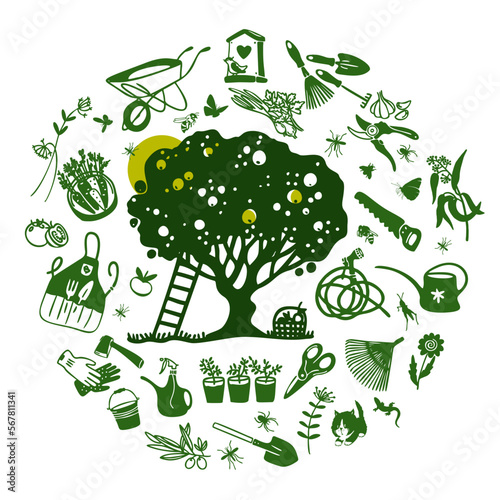 Vector set of garden tools in round outlines on white background. A set of garden tools in cartoon style. A set of icons for gardening.