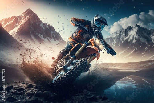 Extreme Motocross MX Rider riding on dirt water track ,snow mountains one the background ,Generative ai