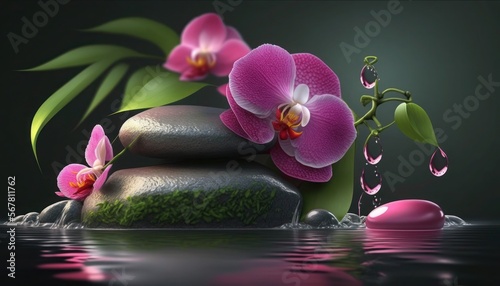Zen spa stones with pink orchid and bamboo, generative ai