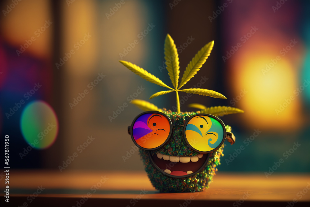 Happy green marijuana leaf with psychedelic abstract sunglasses and ...