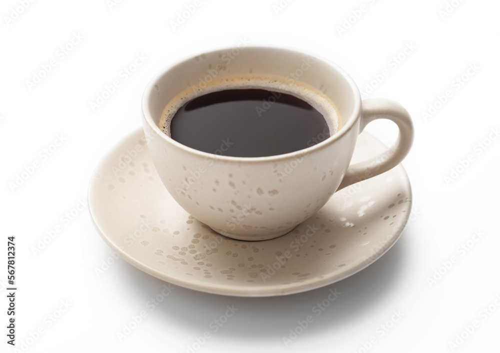 Fresh hot black creamy coffee in light porcelain cup on white background. Fresh hot black creamy coffee in light porcelain cup on white background.