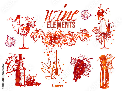 Wine Designs - Collection of wine glasses and bottles. Hand drawn elements for invitation cards, advertising banner and menu cards. Wine glasses with splashing wine. Sketch vector illustration