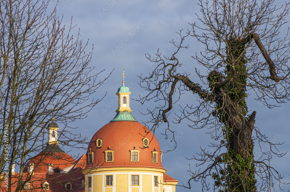 Partial view of Moritzburg Palace near Dresden, Saxony, Germany; taken from public place.