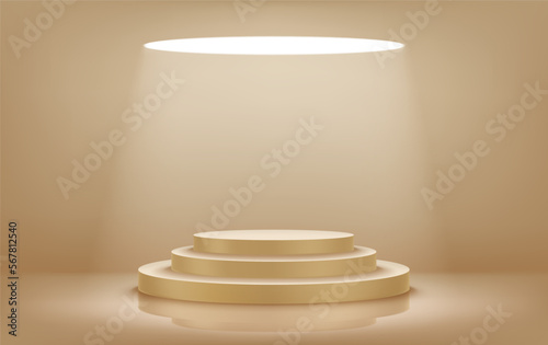 Illuminated golden studio with soft top light. Place your product on a pedestal