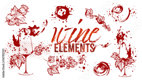 Wine Designs - Collection of wine glasses and bottles. Hand drawn elements for invitation cards, advertising banner and menu cards. Wine glasses with splashing wine. Sketch vector illustration