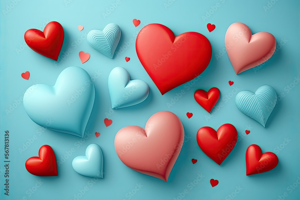 Valentine day greeting card with love message. Envelope and paper red hearts on blue background top view. Flat lay.. Generative AI. Valentine day greeting card with love message. Envelope and paper red hearts on blue background top view. Flat lay.. Generative AI.
