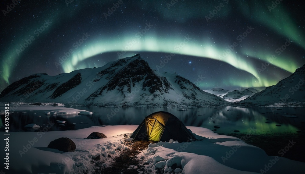 Outdoor at night with mountains and polar lights