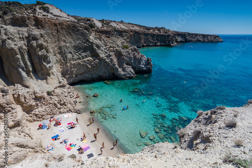 Top view of Tsigrado beach in Milos, Cyclades islands archipelago GR photo