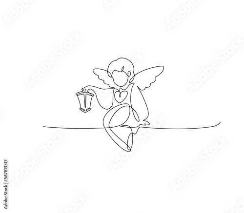 Angel holding a lantern. Continuous line art drawing vector illustration, pray, lighthouse	