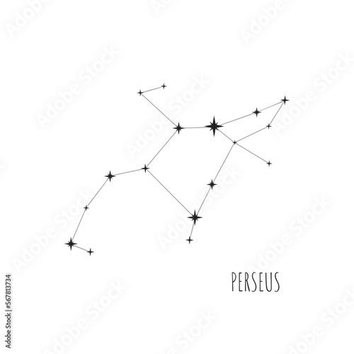 Constellation Perseus scheme in starry sky. Doodle, sketch, linear icons of all 88 constellations on white background