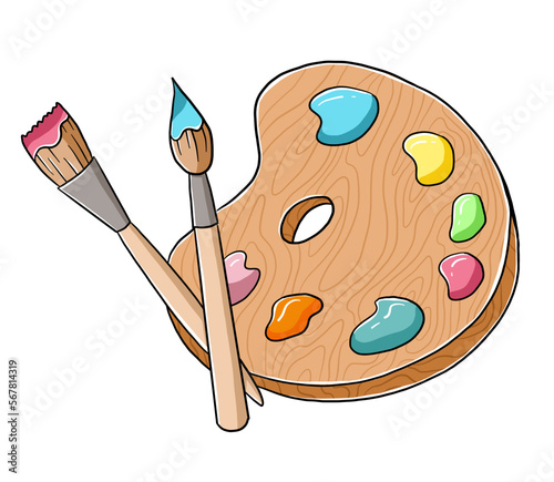 Hand drawn colorful cartoon vector illustration with palette, brushes and colors, artist's equipment