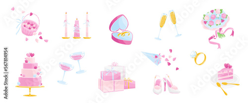 set elements about Marriage ceremony, wedding day.Cake, bridal rings, candles, wedding gifts, glasses of champagne, bridesmaid shoes, color vector illustration 
