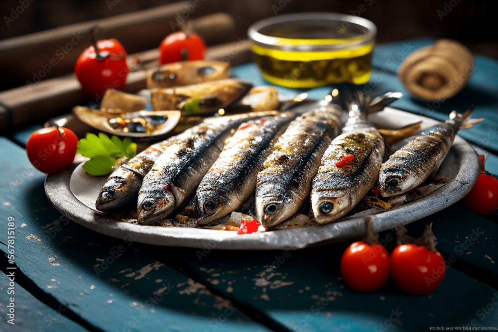 Fototapeta Sardinhas assadas na brasa com pimentos azeite e pão. Comida ...