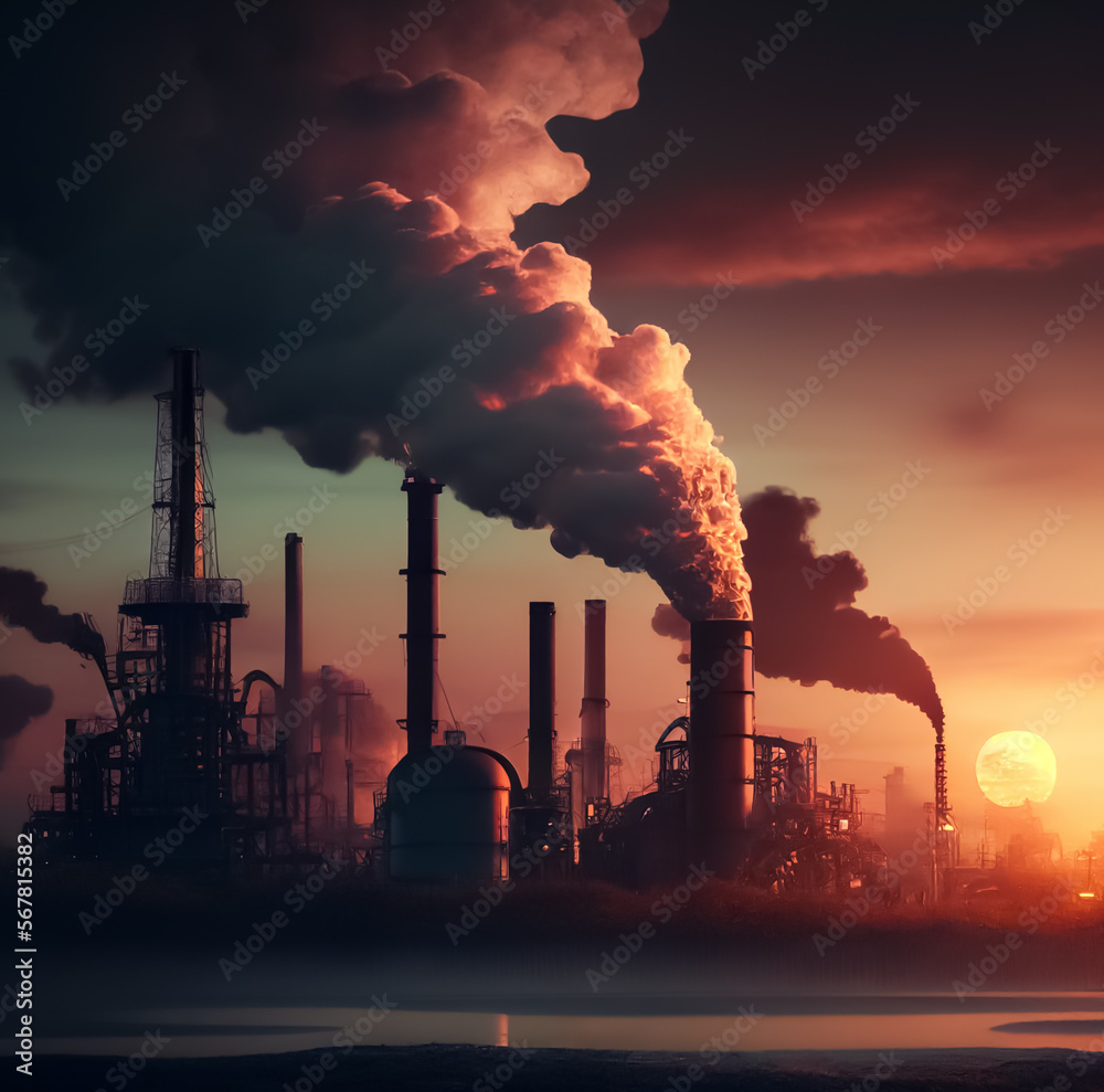 Factory chimneys pollute air. Smoke pipes of industrial plant in environment. Effect of air pollution from human action. Climate change, Global warming. Environmental potection. AI Generative.