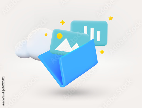 Blue folder with galley and charts. New message concept. 3d vector illustration
