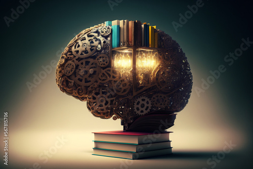 Human brain with books.Learning and mental health concept, positive thinking, creative mind, generative AI