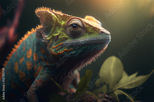 Close up of a brightly colored chameleon.Generative AI.