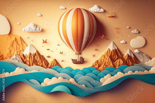 Fototapeta Hot air balloon over the sea, paper craft art or origami style for baby nursery, children design.Generative ai.
