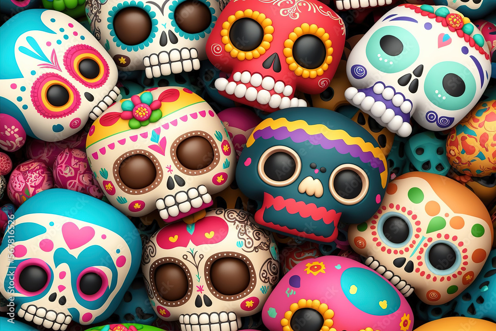 3d skull cute heads mask cartoon background, generative ai