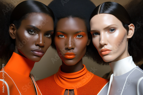 Fictional person. 3 Afro woman fashion model. Fashion style concept. Generative AI