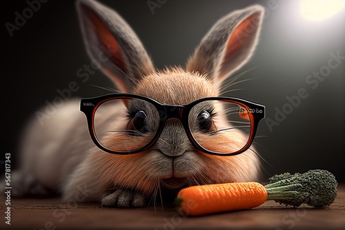 Haase mit Brille, Sehschwäche trotz Karotten essen. AI generativ