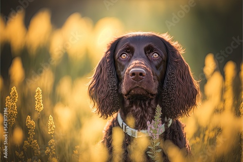 Boykin spaniel dog with flowers photo