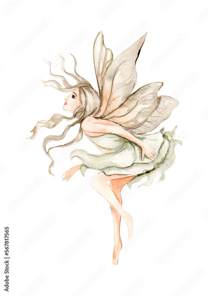 Fototapeta premium Watercolor cartoon fairy with magic wings. Watercolor hand draw fairy tale illustration. Illustartion with white isolated background. Perfect for greeting card, poster, wedding invitation, party decor