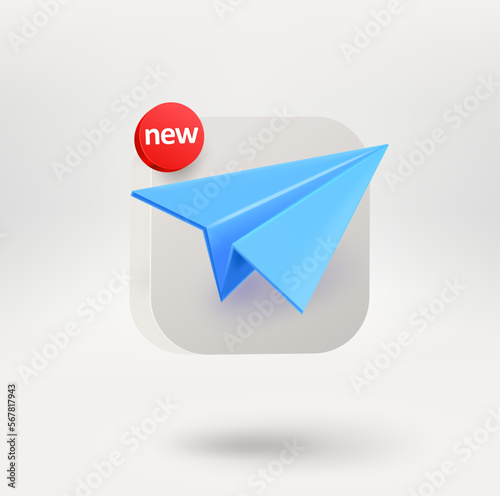 Blue paper plane on a white button. Application icon template. 3d vector icon isolated on white 