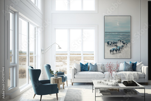 Living area with a coastal theme. White mock wall with comfortable interior of a home. Image in the Hamptons. Generative AI photo